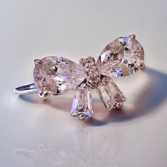 Unique Diamond Bow Ring Size 9. 14K White Gold 925 Ring Pear Cut & Baguettes - Picture 2 of 12